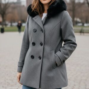 Only Gray Pea Coat with Black Faux Fur Collar